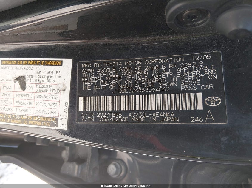 2006 Toyota Camry Std VIN: JTDBE32K863064062 Lot: 44882983
