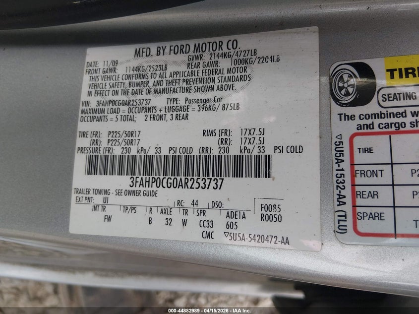 2010 Ford Fusion Sel VIN: 3FAHP0CG0AR253737 Lot: 44882989