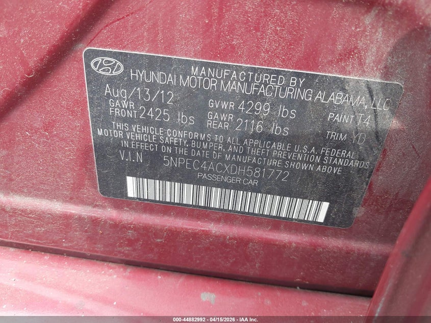 2013 Hyundai Sonata Limited VIN: 5NPEC4ACXDH581772 Lot: 44882992