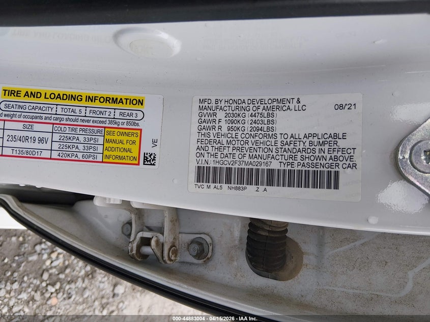 2021 Honda Accord Sport 2.0T VIN: 1HGCV2F37MA029167 Lot: 44883004