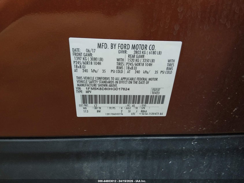 2017 Ford Explorer Xlt VIN: 1FM5K8D80HGD17824 Lot: 44883012