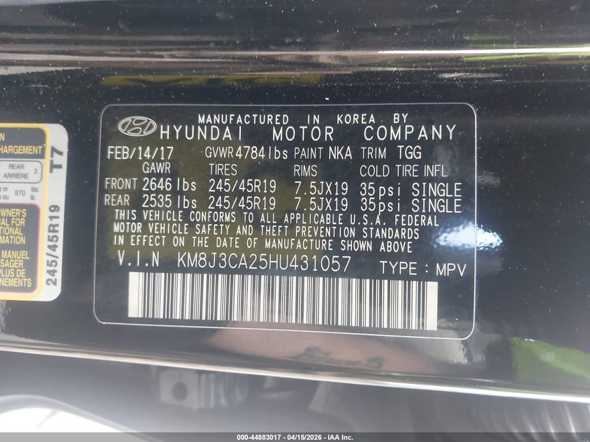 2017 Hyundai Tucson Sport VIN: KM8J3CA25HU431057 Lot: 44883017