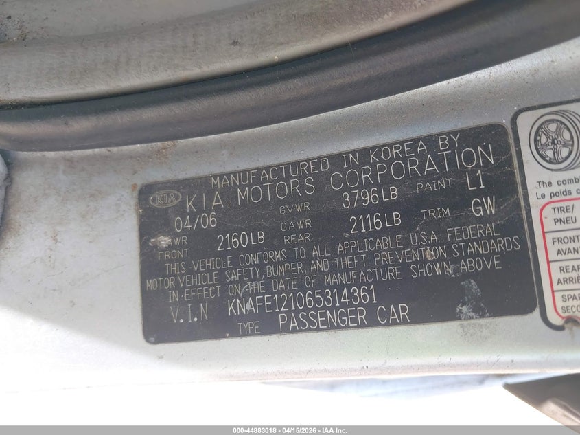 2006 Kia Spectra Ex/Lx/Sx VIN: KNAFE121065314361 Lot: 44883018
