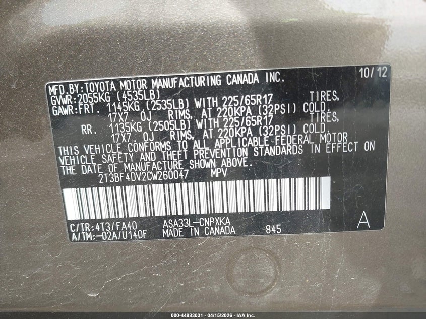 2012 Toyota Rav4 VIN: 2T3BF4DV2CW260047 Lot: 44883031