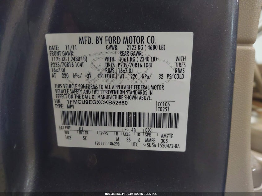 2012 Ford Escape Limited VIN: 1FMCU9EGXCKB52660 Lot: 44883041