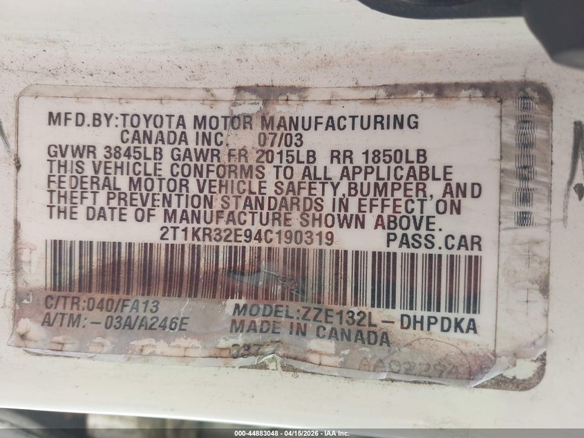 2004 Toyota Matrix Standard VIN: 2T1KR32E94C190319 Lot: 44883048