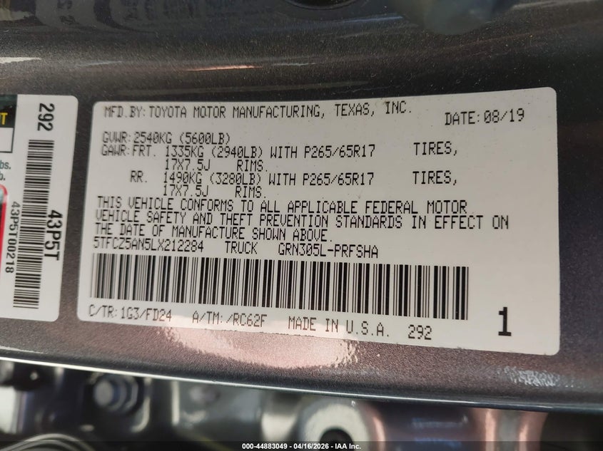 2020 Toyota Tacoma Trd Sport VIN: 5TFCZ5AN5LX212284 Lot: 44883049