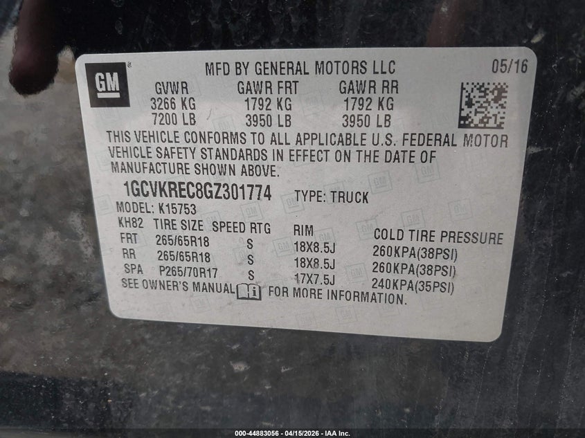 2016 Chevrolet Silverado 1500 2Lt VIN: 1GCVKREC8GZ301774 Lot: 44883056