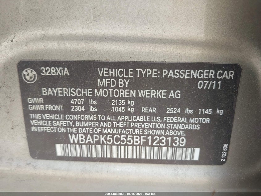 2011 BMW 328I xDrive VIN: WBAPK5C55BF123139 Lot: 44883058