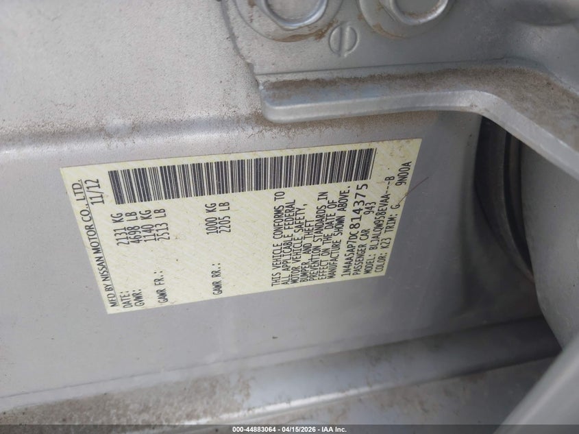 2013 Nissan Maxima 3.5 S VIN: 1N4AA5AP7DC814375 Lot: 44883064