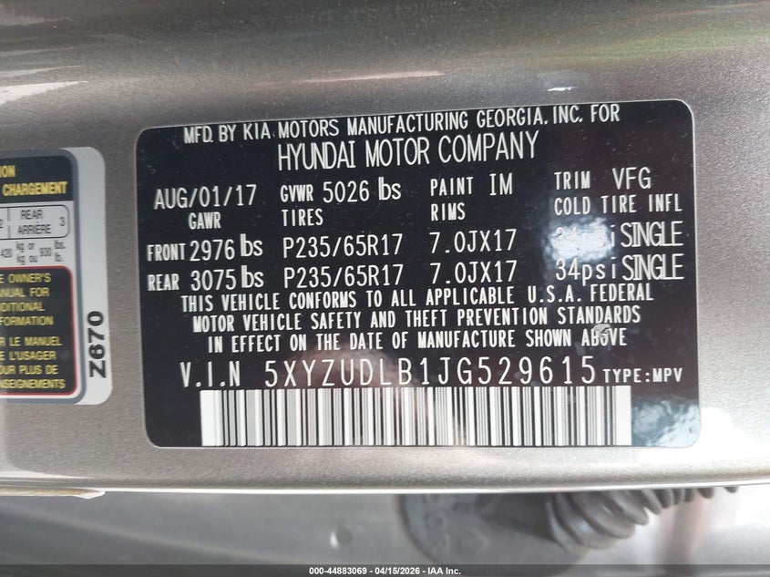 2018 Hyundai Santa Fe Sport 2.4L VIN: 5XYZUDLB1JG529615 Lot: 44883069