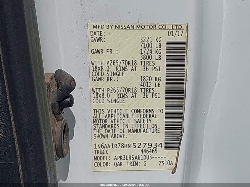 2017 Nissan Titan S VIN: 1N6AA1R78HN527934 Lot: 44883075