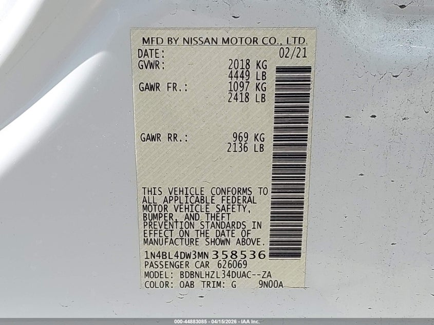 2021 Nissan Altima Sv Intelligent Awd VIN: 1N4BL4DW3MN358536 Lot: 44883085