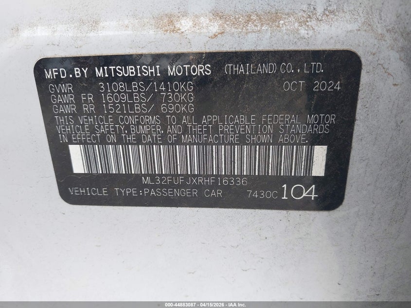 2024 Mitsubishi Mirage G4 Es VIN: ML32FUFJXRHF16336 Lot: 44883087