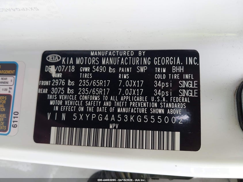 2019 Kia Sorento 3.3L Lx VIN: 5XYPG4A53KG555002 Lot: 44883095