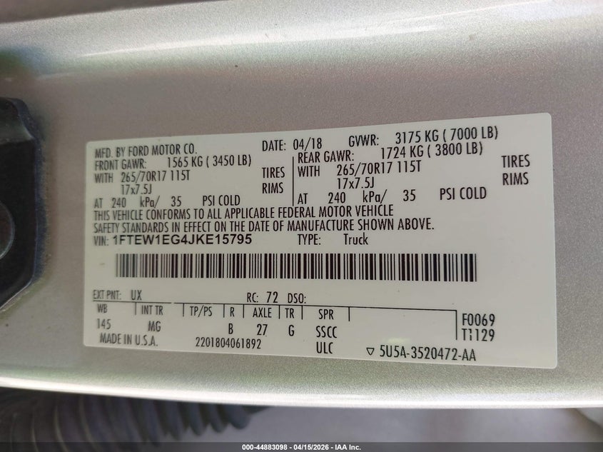 2018 Ford F-150 Xlt VIN: 1FTEW1EG4JKE15795 Lot: 44883098