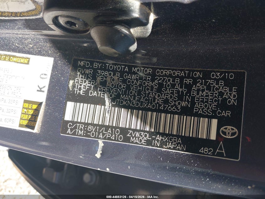 2010 Toyota Prius V VIN: JTDKN3DUXA0147663 Lot: 44883126