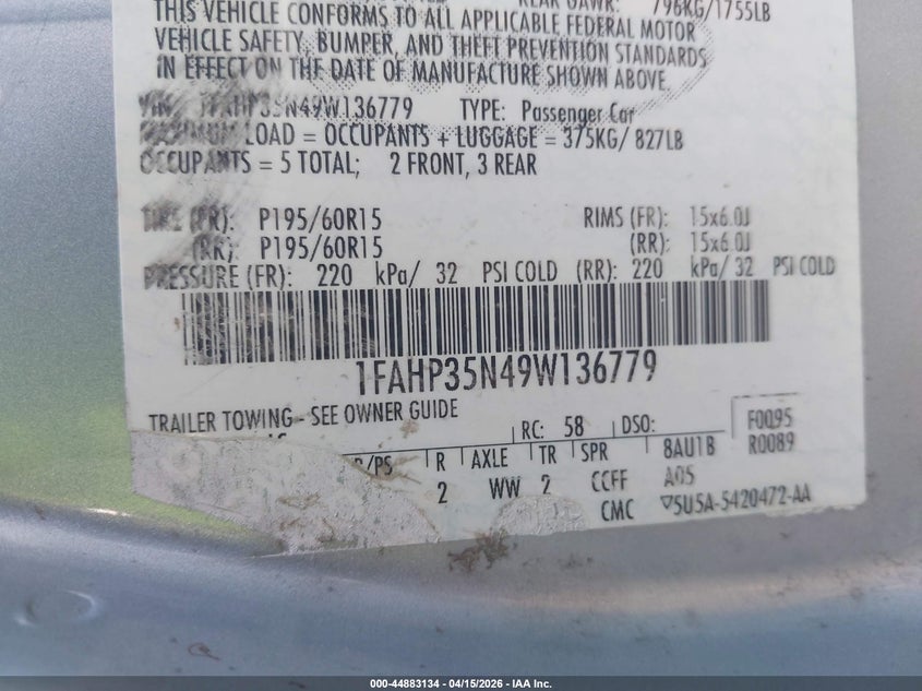 2009 Ford Focus Se VIN: 1FAHP35N49W136779 Lot: 44883134