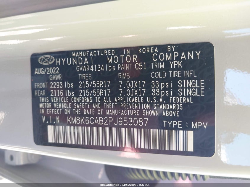 2023 Hyundai Kona Sel VIN: KM8K6CAB2PU953087 Lot: 44883133
