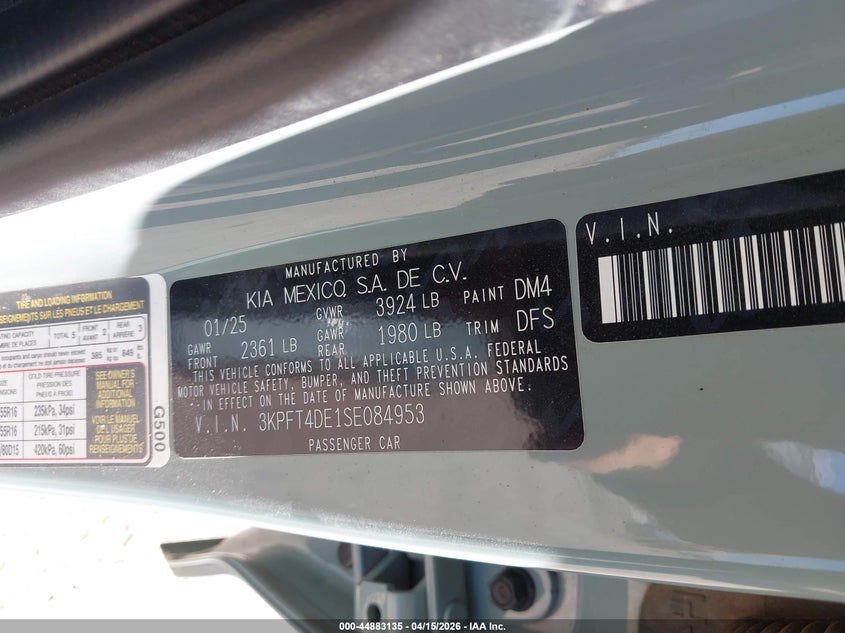 2025 Kia K4 Lxs VIN: 3KPFT4DE1SE084953 Lot: 44883135