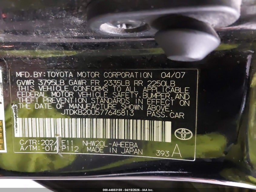 2007 Toyota Prius VIN: JTDKB20U577645813 Lot: 44883159