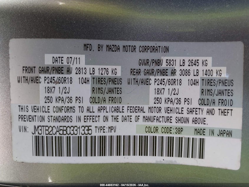 2011 Mazda Cx-9 Touring VIN: JM3TB2CA5B0331335 Lot: 44883162