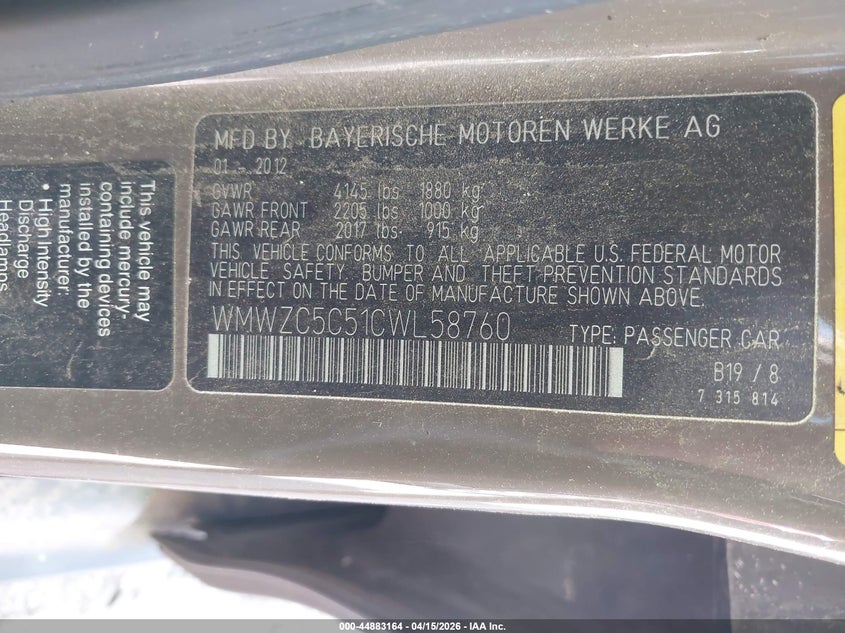 2012 Mini Cooper S Countryman VIN: WMWZC5C51CWL58760 Lot: 44883164