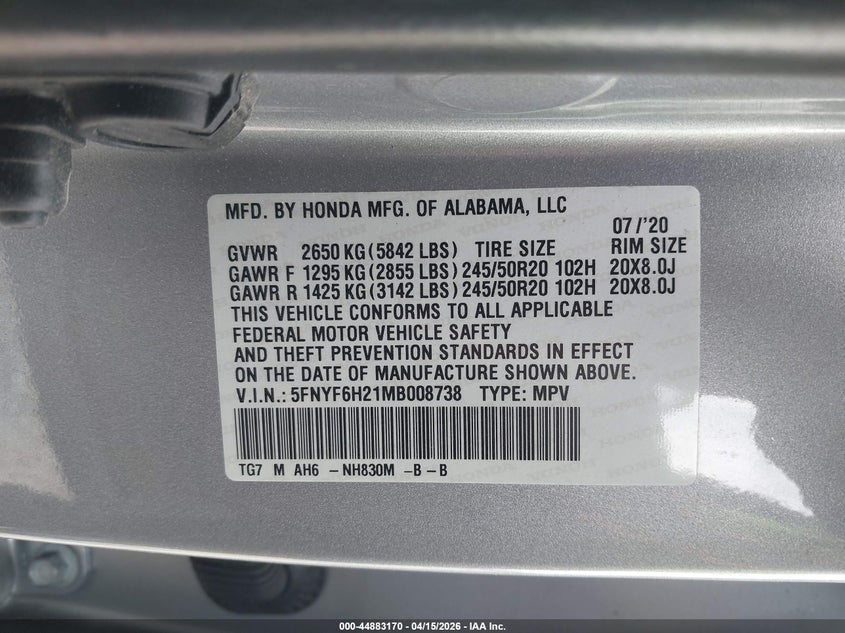 2021 Honda Pilot Awd Special Edition VIN: 5FNYF6H21MB008738 Lot: 44883170