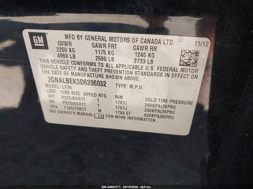 2013 Chevrolet Equinox Ls VIN: 2GNALBEK3D6206032 Lot: 44883171