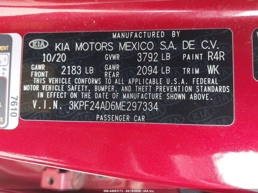 2021 Kia Forte Lxs VIN: 3KPF24AD6ME297334 Lot: 44883173