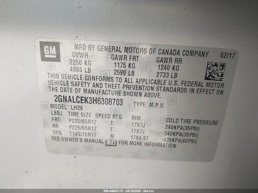 2017 Chevrolet Equinox Lt VIN: 2GNALCEK3H6308703 Lot: 44883175