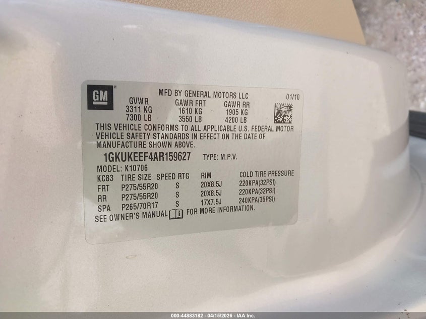 2010 GMC Yukon Denali VIN: 1GKUKEEF4AR159627 Lot: 44883182