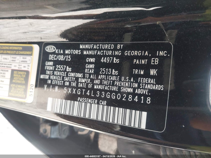 2016 Kia Optima Lx VIN: 5XXGT4L33GG028418 Lot: 44883187