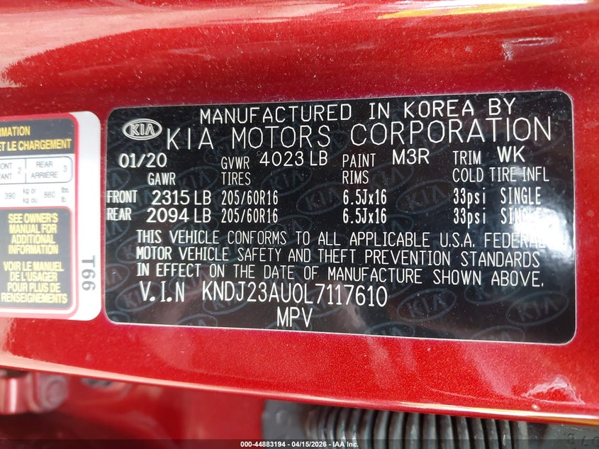 2020 Kia Soul S VIN: KNDJ23AU0L7117610 Lot: 44883194