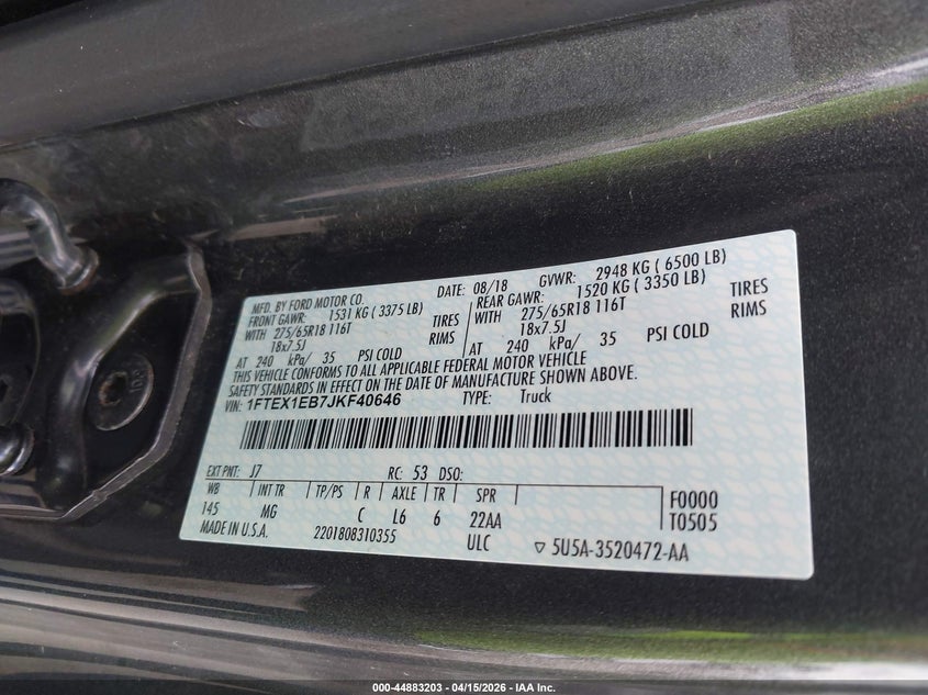 2018 Ford F-150 Xlt VIN: 1FTEX1EB7JKF40646 Lot: 44883203