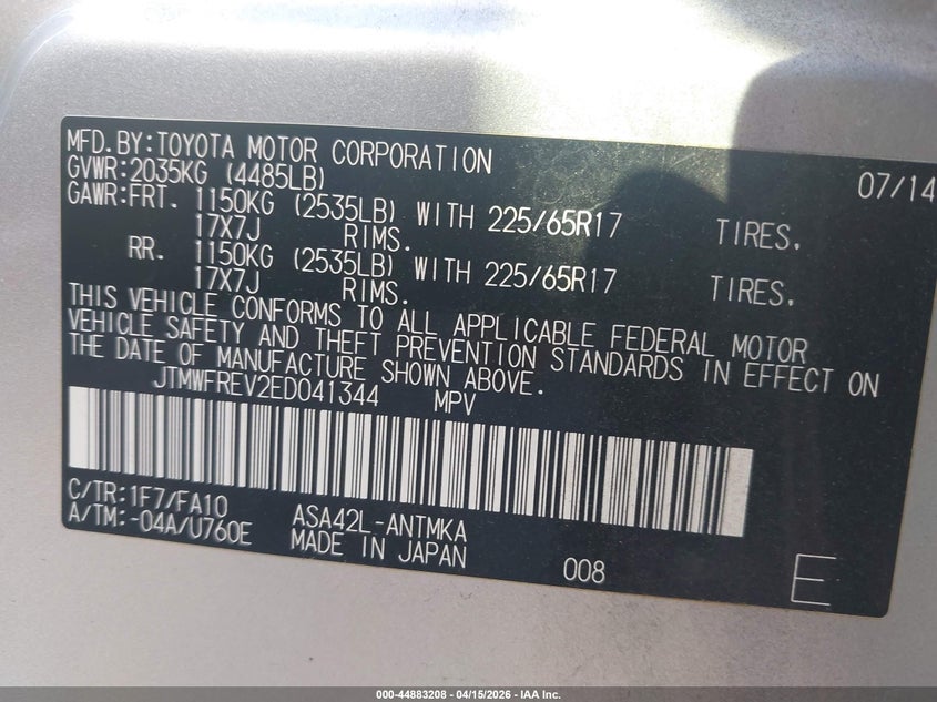 2014 Toyota Rav4 Xle VIN: JTMWFREV2ED041344 Lot: 44883208