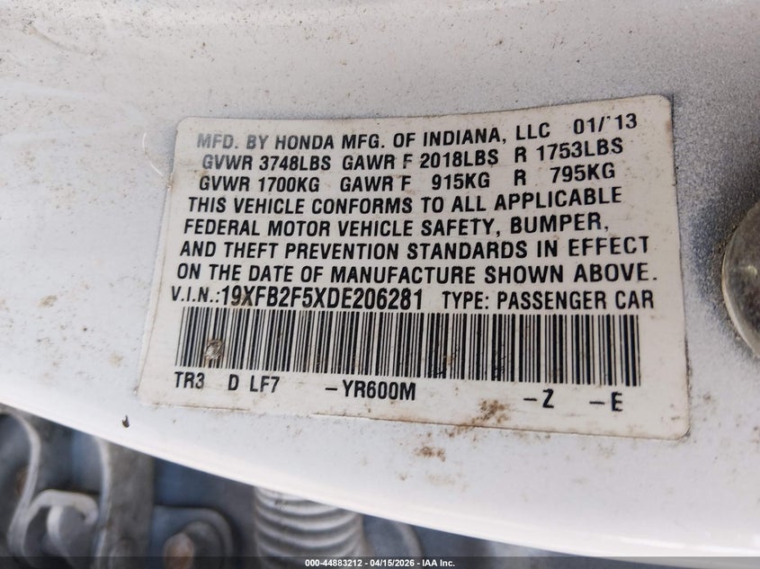 2013 Honda Civic Lx VIN: 19XFB2F5XDE206281 Lot: 44883212