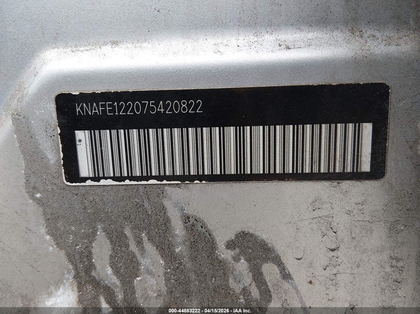 2007 Kia Spectra Ex VIN: KNAFE122075420822 Lot: 44883222