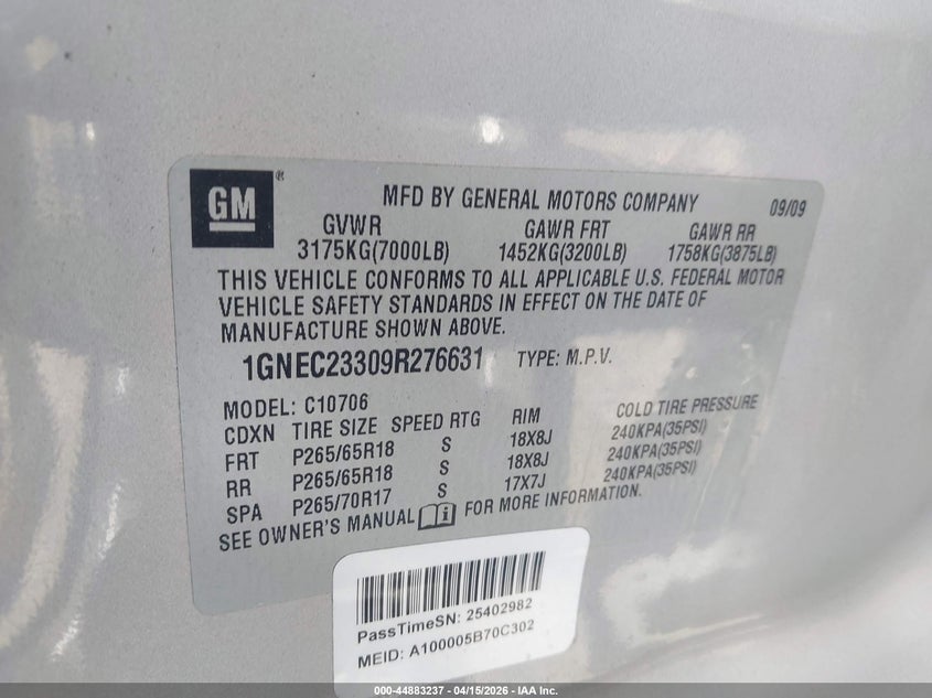 2009 Chevrolet Tahoe Lt2 VIN: 1GNEC23309R276631 Lot: 44883237