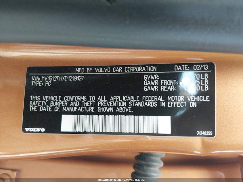 2013 Volvo S60 T5 VIN: YV1612FHXD1219137 Lot: 44883266