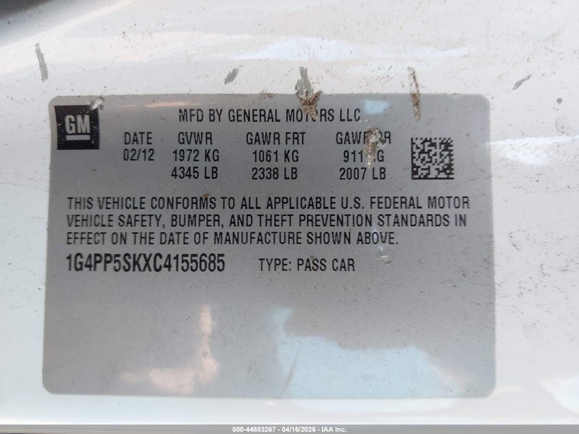 2012 Buick Verano 2.4 white Lot 111044883267 Vin 1G4PP5SKXC4155685