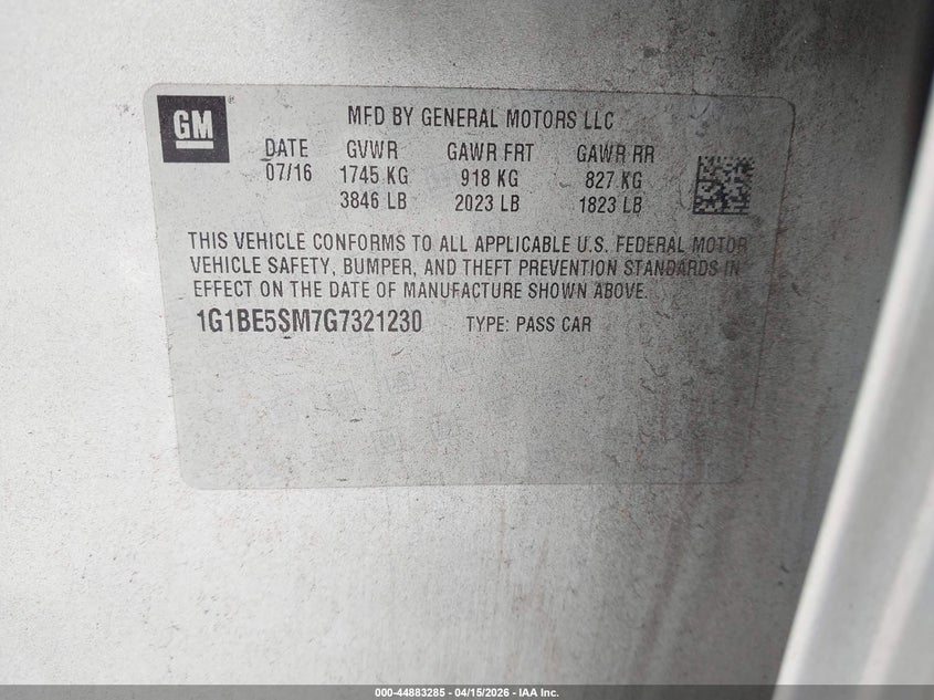 2016 Chevrolet Cruze Lt Auto VIN: 1G1BE5SM7G7321230 Lot: 44883285