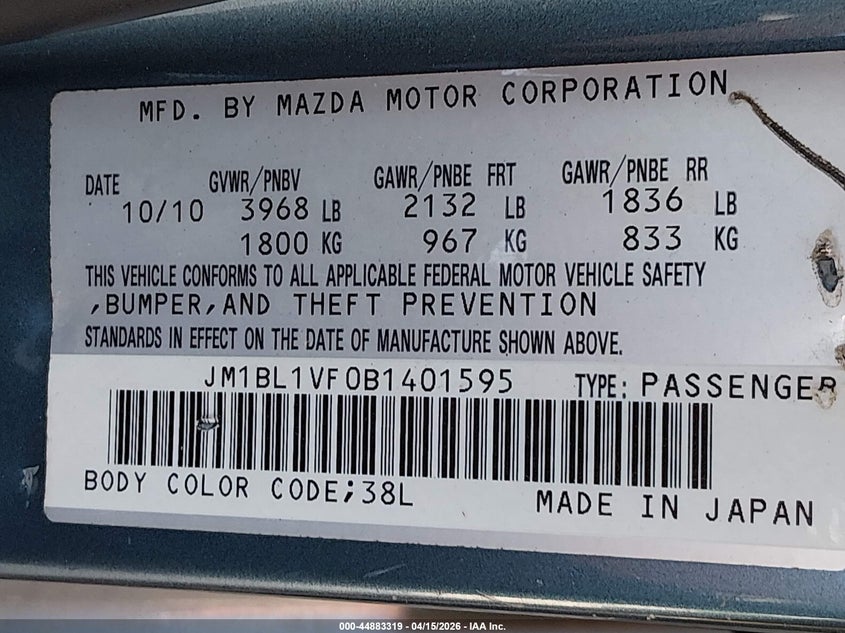 2011 Mazda Mazda3 I Touring VIN: JM1BL1VF0B1401595 Lot: 44883319
