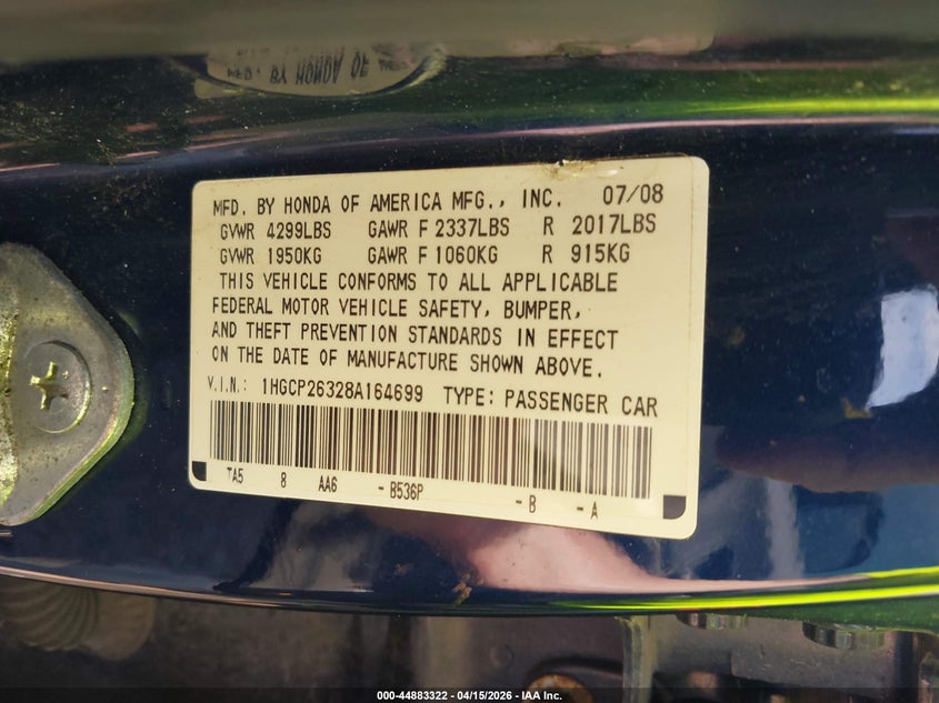 2008 Honda Accord 2.4 Lx VIN: 1HGCP26328A164699 Lot: 44883322