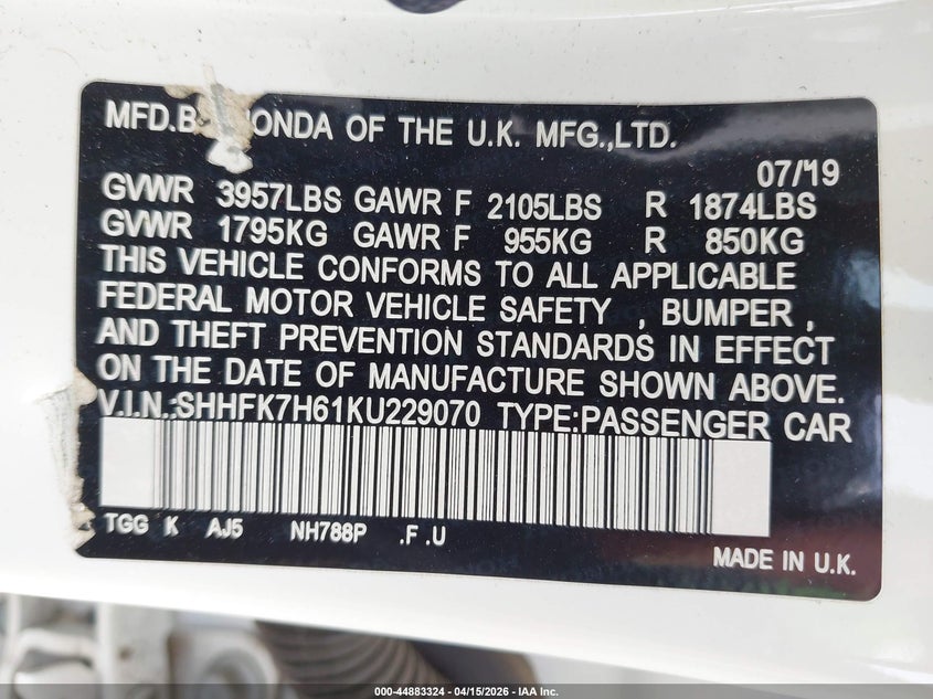 2019 Honda Civic Ex VIN: SHHFK7H61KU229070 Lot: 44883324