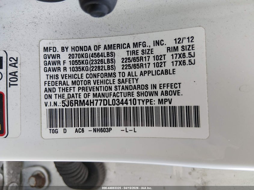 2013 Honda Cr-V Ex-L VIN: 5J6RM4H77DL034410 Lot: 44883325