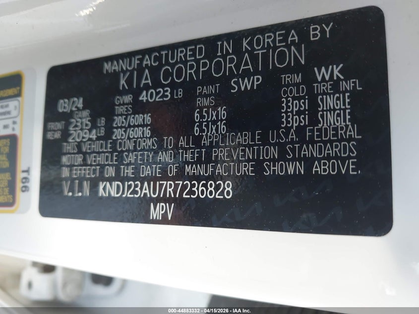 2024 Kia Soul Lx VIN: KNDJ23AU7R7236828 Lot: 44883332