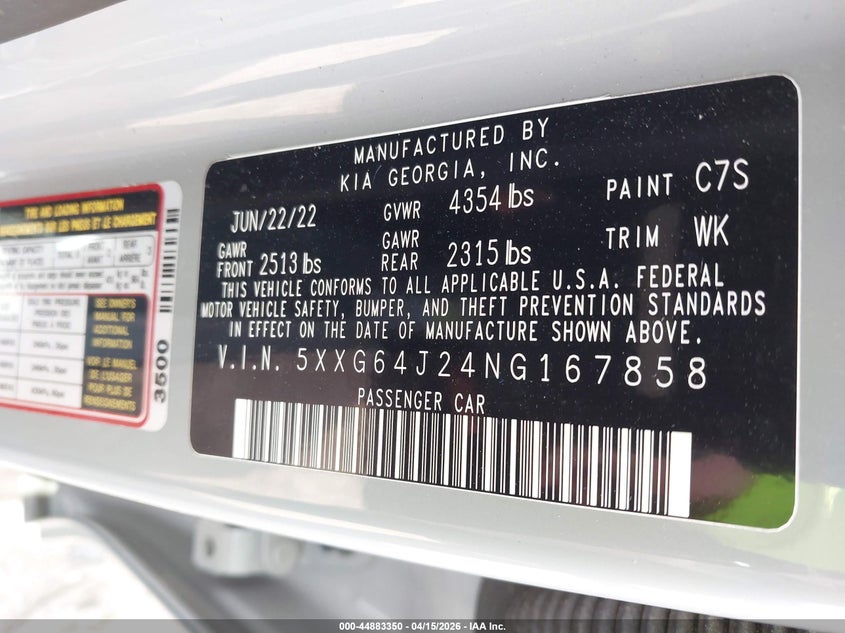 2022 Kia K5 Gt-Line VIN: 5XXG64J24NG167858 Lot: 44883350