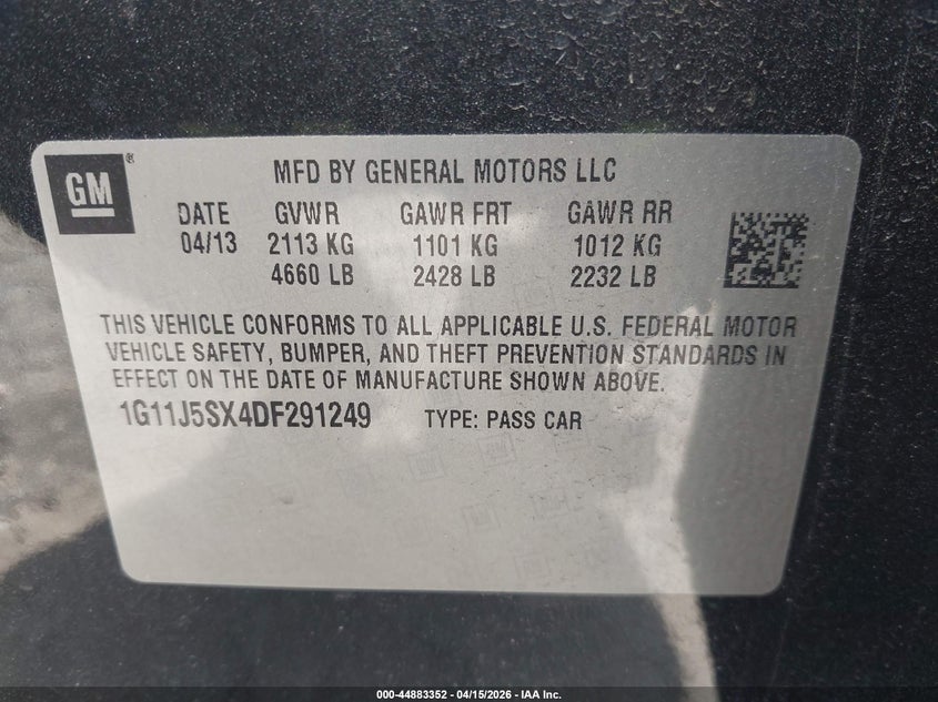 2013 Chevrolet Malibu 2Lz VIN: 1G11J5SX4DF291249 Lot: 44883352