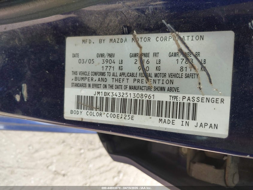2005 Mazda Mazda3 S VIN: JM1BK343251308961 Lot: 44883378
